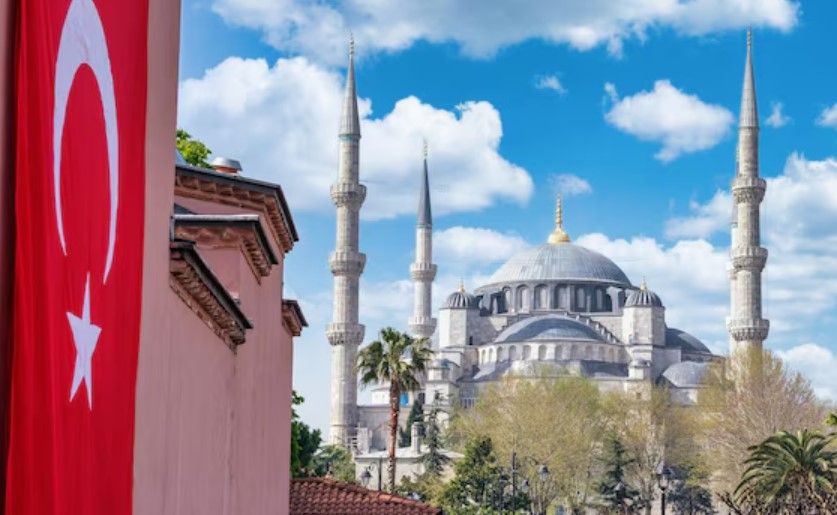 Landschaft mit der türkischen Flagge und der Blauen Moschee in der Ferne - Haartransplantation in der Türkei
