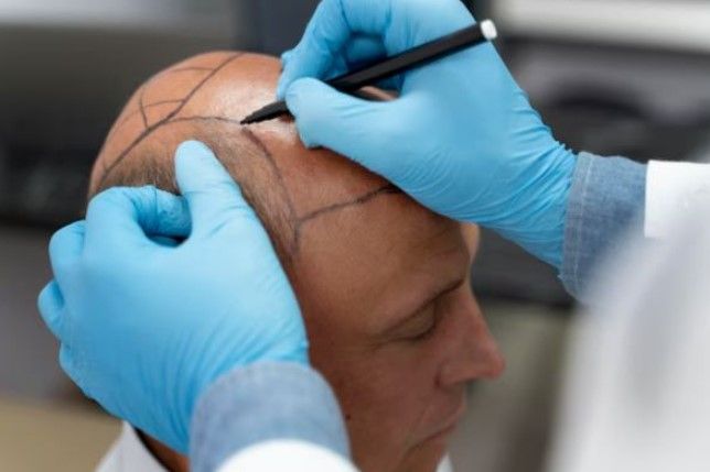Mann mit Glatze unterzieht sich einer Haartransplantation