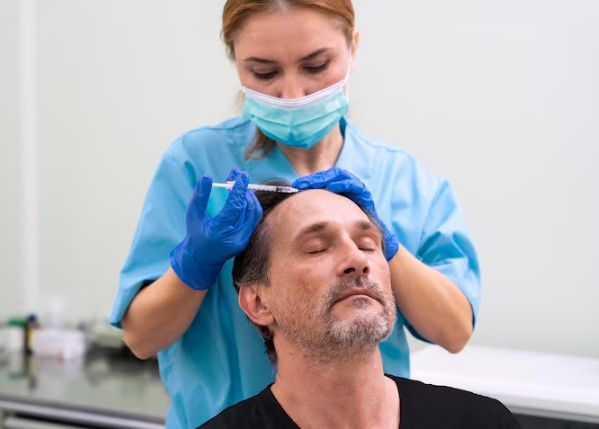 Der Mann fragt seinen Arzt, wie die Haartransplantation durchgeführt wird.