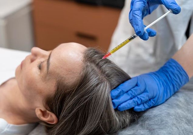 Patient mit hohem Winkel erhält PRP-Injektion gegen Alopezie Haare nach Haartransplantation wachsen
