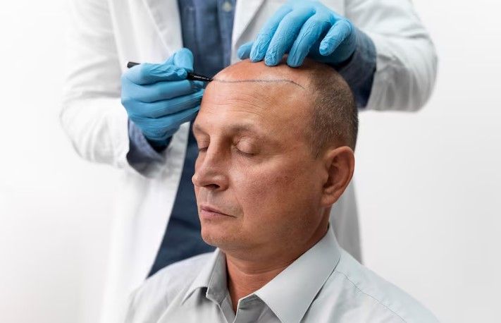 Mann, der sich einer Follikeleinheit-Extraktion unterzieht - Nach einer Haartransplantation