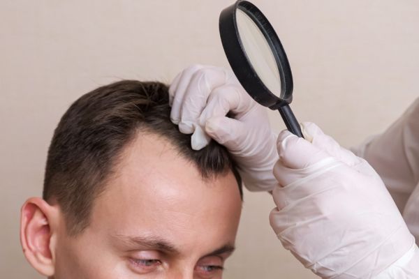 Arzt betrachtet den Kopf des Patienten mit einem Vergrößerungsglas - was kostet ein haartransplantation