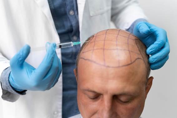 Arzt führt Haartransplantation bei kahlköpfigem Mann durch