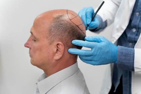 Arzt zeichnet auf den kahlen Kopf eines Patienten, bevor er eine Haartransplantation Turkei