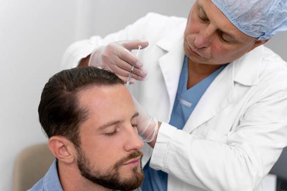 Mann erhält eine Injektion, bevor er sich einer Haartransplantation unterzieht Türkei