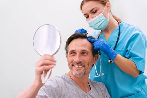 Patientin beim Blick in den Spiegel nach einer Haartransplantation Türkei
