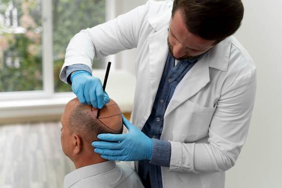 Arzt fertigt Zeichnungen auf dem Kopf des Patienten an, bevor er eine Haartransplantation in der Türkei durchführt