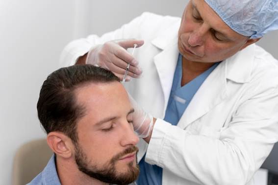 Arzt injiziert dem Patienten den Kopf für eine Haartransplantation
