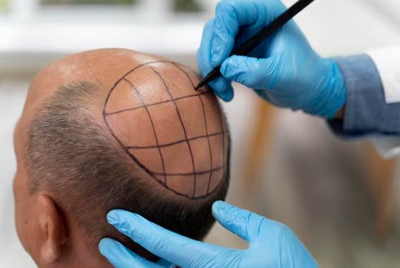 Der Arzt zeichnet vor der Haartransplantation ohne Rasur auf die Kopfhaut des Patienten