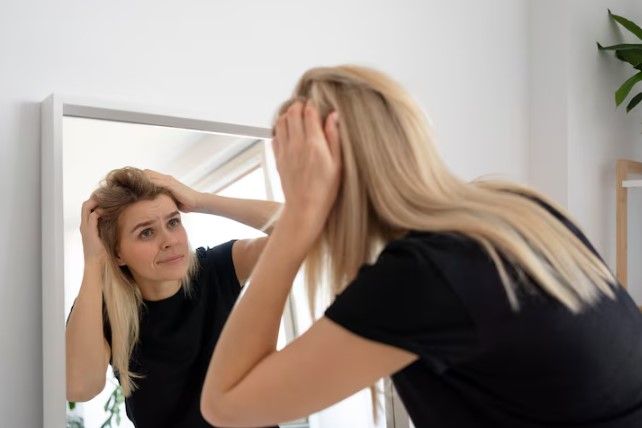 Frau fasst sich wegen Stress an den Kopf als psychische Folge von Alopezie