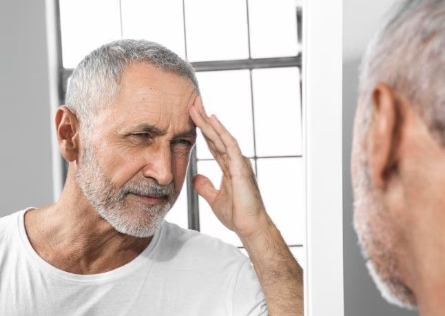 Mann schaut mit besorgtem und traurigem Gesichtsausdruck wegen seiner Alopezie in den Spiegel - Psychologischen konsequenzen alopezie haartransplantation Haartransplantation bei grauem Haar